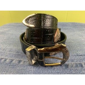 Western Alligator Print Black Leather Belt 32 L SOUTHWEST Cowgirl Metal Hearts